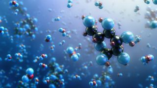 Illustration of glucose and water H2O molecules. Glucose, C6H12O6, also known as D-glucose, dextrose, or grape sugar) is a simple aldosic monosaccharide found in plants.